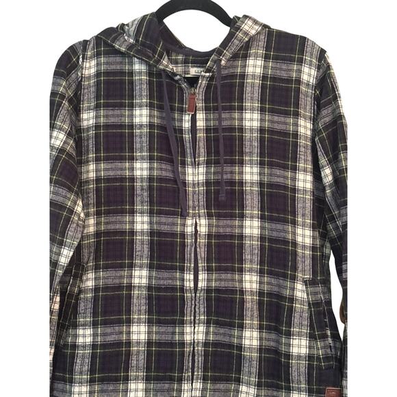 LL Bean Flannel Shirt Womens M Green Scotch Plaid Relaxed Fit Zip Hoodie Pockets - Picture 2 of 9